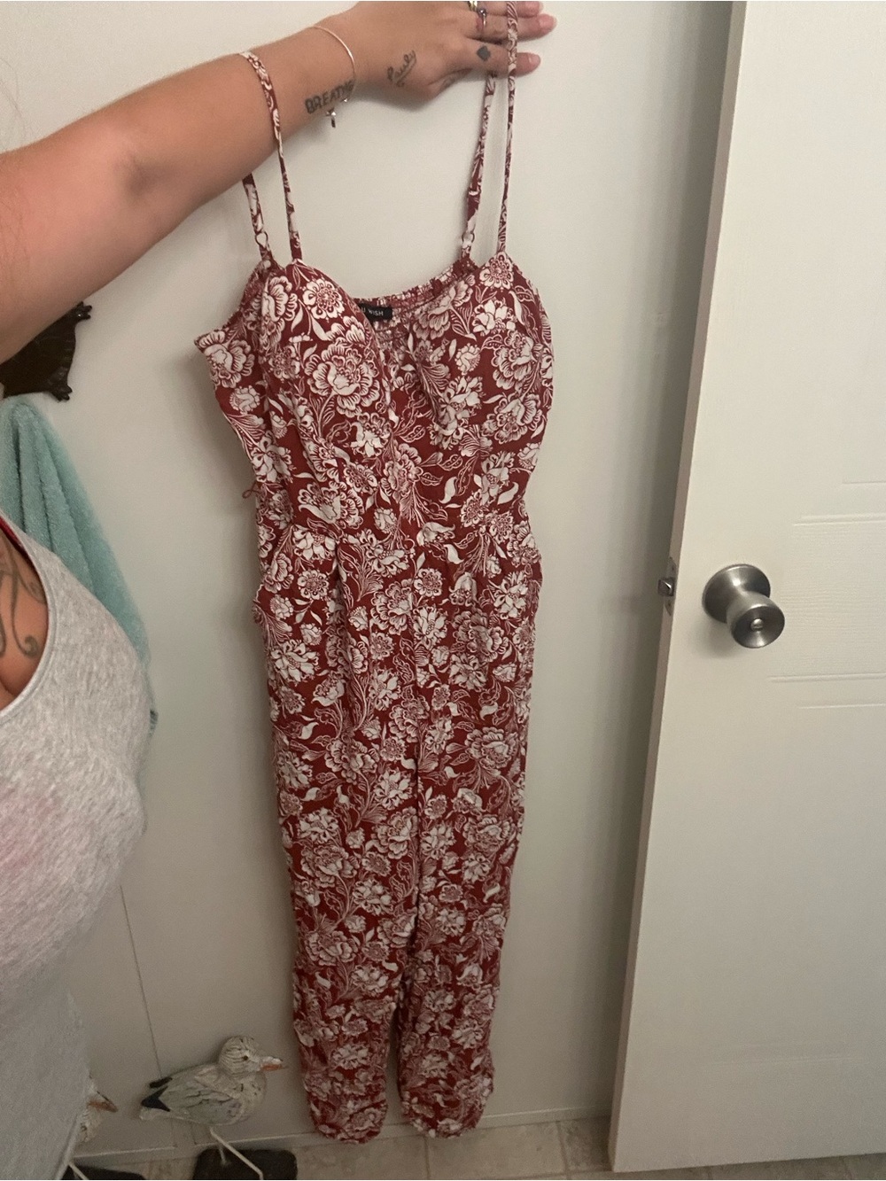 Floral Spaghetti-Strap Jumpsuit in Burgundy